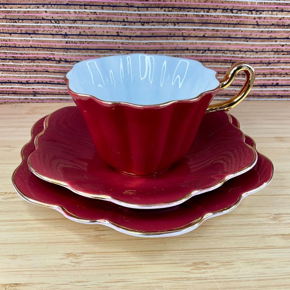 Royal Stuart Spencer Stevenson Harlequin Petal Shape Trios in Burgundy / 1950s / Gold Trim / Mid Century / Bone China / Retro Crockery