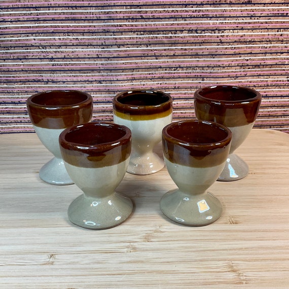 Bundle of 5 Vintage 1970s Stoneware Egg Cups / Brown and Beige / Rustic Country Kitchen / Cottagecore / Retro Tableware / 70s Home Decor