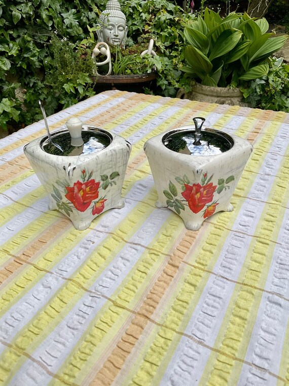 Pair Of Midwinter Stylecraft Rose Marie Preserve Pots and Spoon. 1950s Vintage.