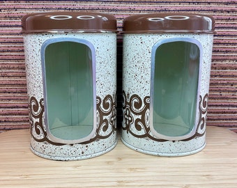 Pair of Celtic Rose Pattern Metal Storage Canisters With Windows / Retro Kitchen Organisation / Biltons / Brown Beige / 1970s Vintage Home