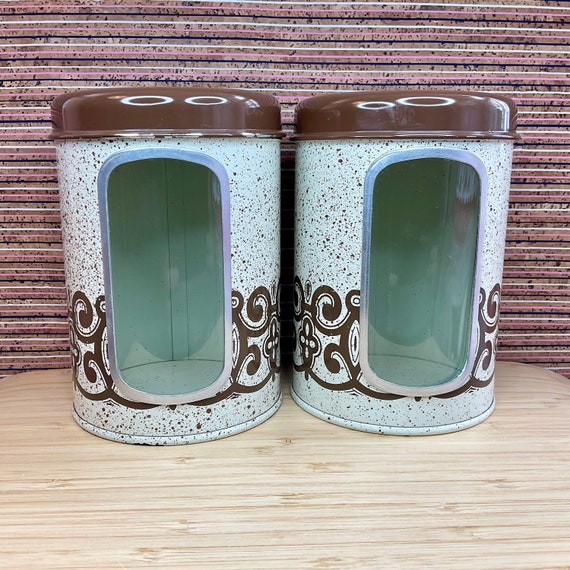 Pair of Celtic Rose Pattern Metal Storage Canisters With Windows / Retro Kitchen Organisation / Biltons / Brown Beige / 1970s Vintage Home