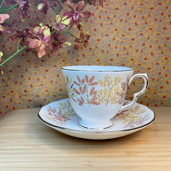 Vintage 1960s Royal Vale Foliage Pattern Bone China Cup & Saucer Sets / Brown Terracotta Yellow / Retro Tableware / Home Decor Accessory