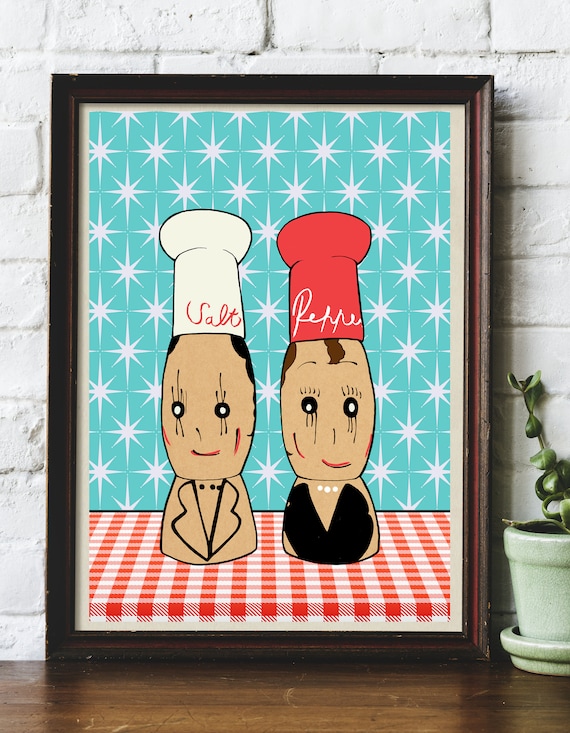 Salt and Pepper Chefs Mid Century Vintage Retro Atomic Kitchen Cook Illustrated Original Art Giclee Print by Helen Temperley. A3/A4 Sizes.