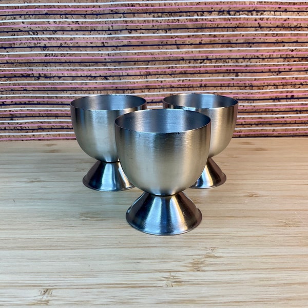 Vintage 1970s Set of 3 Brushed Stainless Steel Egg Cups / Retro Tableware / Vintage Kitchen Crockery / Breakfast Setting / Camping Dining