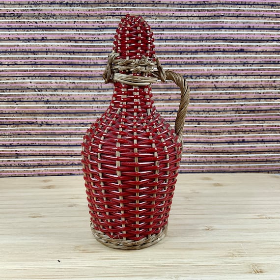 Vintage 1950s Small Red Plastic Wicker Wrapped Wine Bottle / Oil or Vinegar / Retro Mid Century Drinkware / Home Bar Decor / Collectable