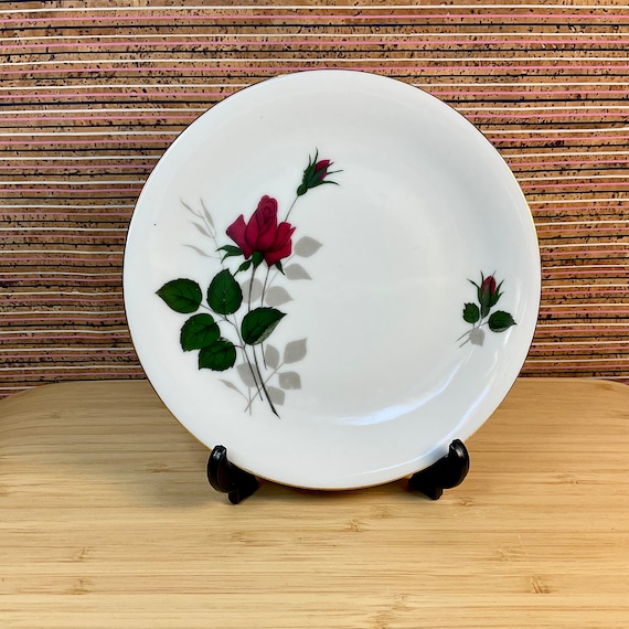 Vintage 1960s Seltmann Weiden Bavaria Red Pose Pattern Side Tea Plates With Gold Trim / Retro Tableware / Home Decor Accessory / Mid Century