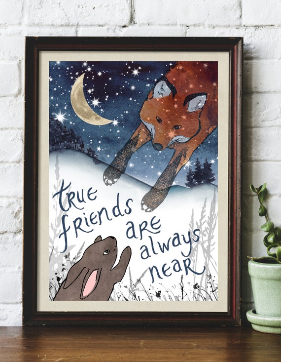 True Friends Are Always Near Fox Rabbit Snow Winter Moon Stars  Illustrated Original Artwork Giclee Print by Helen Temperley. A3 Or A4 Size.