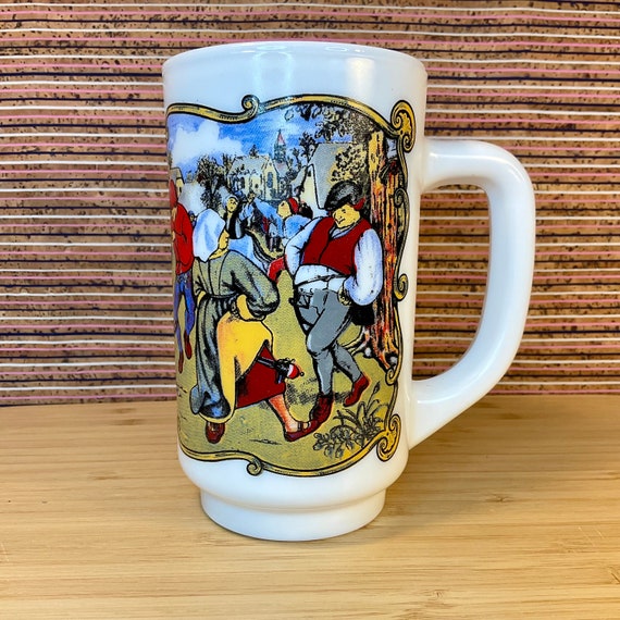 Vintage 1970s Arcopal Medieval Peasant’s Feast Beer Stein / Large Milk Glass Mug / Retro Tableware & Barware / Home Decor Accessory