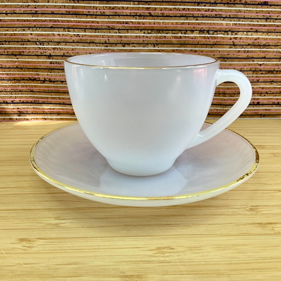 Arcopal ‘Opale’ Blue Tint 8.5 cm Cup and 14 cm Saucer / 1960s / Mid Century Milk Glass / Opalescent / Gold Trim / Single Set / Home Decor