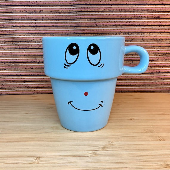 Vintage 1990s Funny Face Blue Mug / Retro Tableware / 90s Home Decor Accessory / Crockery / Nostalgia Gift Item / Stacking Set / Novelty Mug