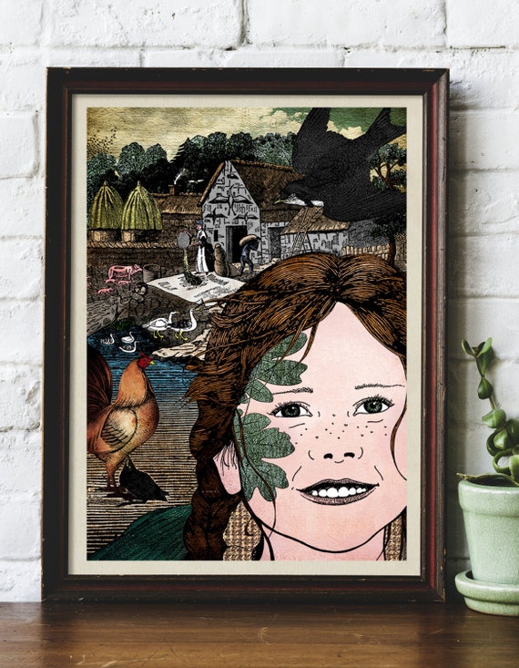 Hope The Farm Girl Farmyard Vintage Collage Original Art Illustrated Giclée Print by Helen Temperley. A3 or A4 Size.