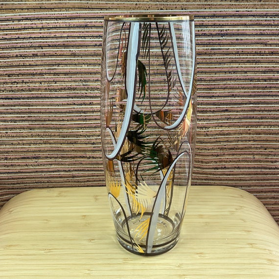 Mid Century 1950s Hand Painted Clear Glass Vase with Gold and White Leat Pattern / Home Decor Accessory / Retro Glassware / Collectable Gift