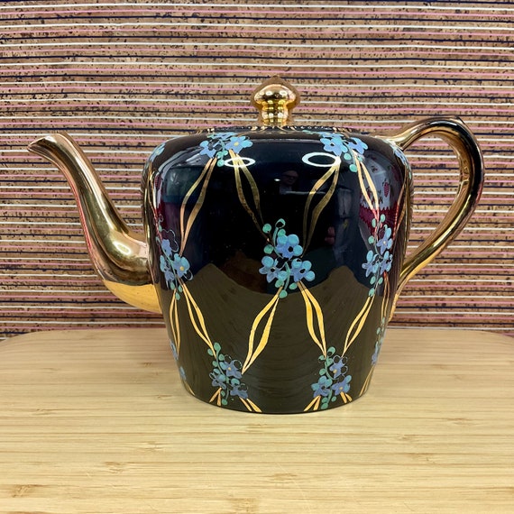 Jackfield Style Hand Painted Black and Gold Teapot with Blue Floral Pattern / 19th Century Antique Jetware / Collectable Vintage China