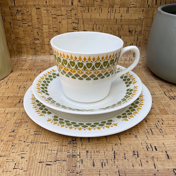 Vintage 1960s Queen Anne Bone China Trio / Pattern 8577 / Green and Yellow / Retro Tableware / 60s Home Decor Accessory / Crockery / Gift