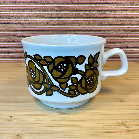 Staffordshire Potteries Arts and Crafts Rennie Mackintosh Style Brown and Black Pattern Floral Cups / 1970s Vintage / Retro Tableware