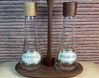 Vintage 1960s Oil and Vinegar Cruet Set On Teak Wood Stand / Retro Tableware / Mid Century Dining / Glass Bottle / 60s Kitchen Accessory