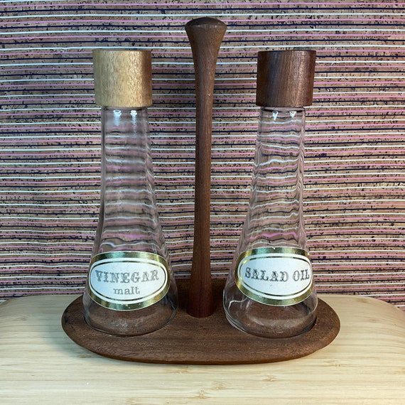 Vintage 1960s Oil and Vinegar Cruet Set On Teak Wood Stand / Retro Tableware / Mid Century Dining / Glass Bottle / 60s Kitchen Accessory