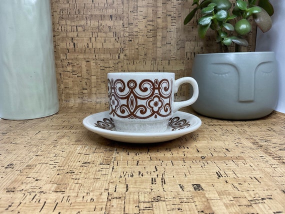Vintage 1970s Biltons ‘Celtic Rose’ Brown and Beige Scroll Pattern Cup and Saucer Sets / Retro Tableware and Kitchen Crockery / Home Decor