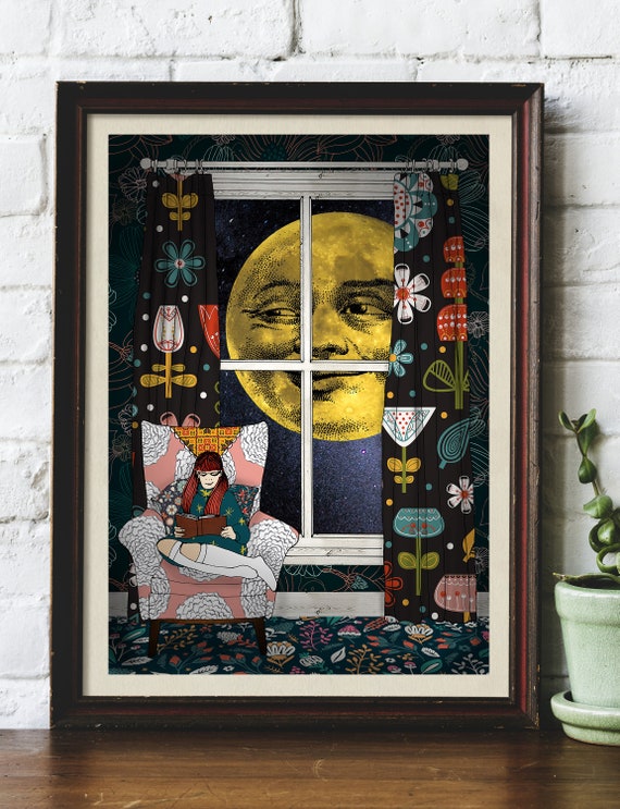Mildred's Moon Girl Booklover Reading Book By Moonlight Illustrated Original Art Giclee Print by Helen Temperley. A3 or A4 Size.