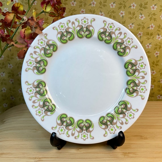 Vintage 1960s Ridgway Queen Anne 8407 Bone China Side Tea Plate / Green Brown Fresh Folky Floral / Retro Tableware / Home Decor Accessory