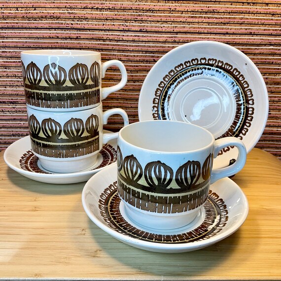 Set of 3 Biltons Brown and Mustard Tree Design Cup and Saucer Sets / 1970s Vintage / Retro Tableware & Kitchen Crockery / 70s Home Decor