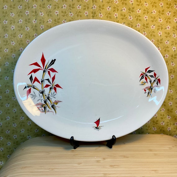 Vintage 1950s Washington Pottery Bamboo Pattern Oval Serving Platter / Retro Tableware / 50s Kitchen Crockery / Meat Plate / Home Decor