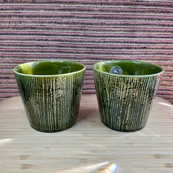 Pair of Casa Pupo Olive Green Ribbed Grass Effect Planters / Mid Century Home Decor / 1960s / Plant Pot Holders / Retro Houseplant Gift