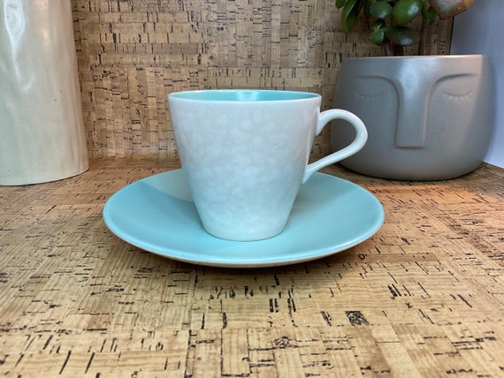 Poole Twintone Ice Green and Seagull Cups and Saucer Sets. 1950s/60s Vintage.