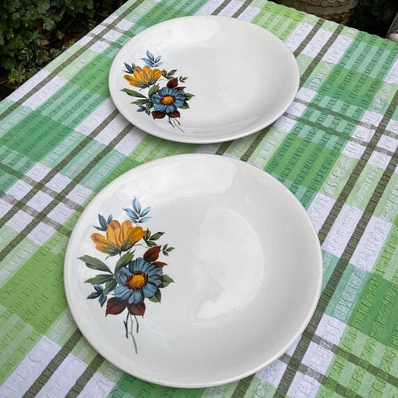 Barratts Of Staffordshire Blue and Mustard Floral Dinner Plates. 1970s Vintage.