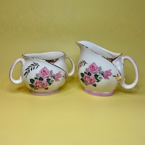 Vintage Gibsons Pink Rose Milk Jug & Sugar Bowl Set - 1950s Retro Elegance for Your Table or Afternoon Tea Party