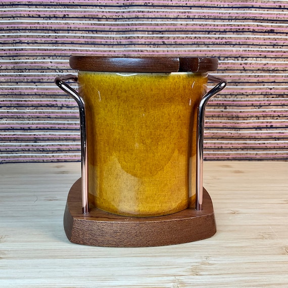 Vintage 1960s Wyncraft Lord Nelson Preserve Pot With Teak & Rose Gold Stand / Retro Tableware / Mid Century Crockery /