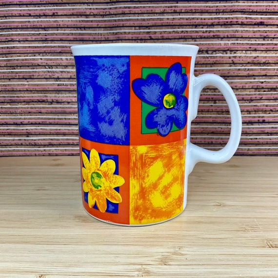 Vintage 1990s Rayware Super Colourful Flower Mugs / Retro Tableware and Kitchen Crockery / Blue Yellow Orange Green Brights / Gift Item