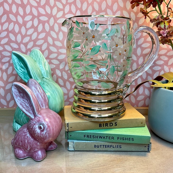 Vintage 1950s Charlesware Glass Jug / Hand Painted / Mid Century Glassware / Pink & Gree Floral / Gold Trim / Vase / MCM Home Decor / Gift