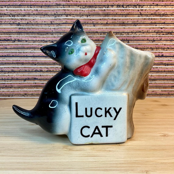 Vintage 1920s Lucky Cat Spill Holder or Small Vase / Art Deco / Retro Cat Ornament / Home Decor Accessory / Cat Lover Gift / Incense Storage