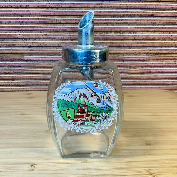 Vintage 1960s Austrian Touristware Glass Sugar Dispenser / Kitzbühel Tirol / Skiing Mountains / Retro Tableware / Mid Century Kitchen Decor