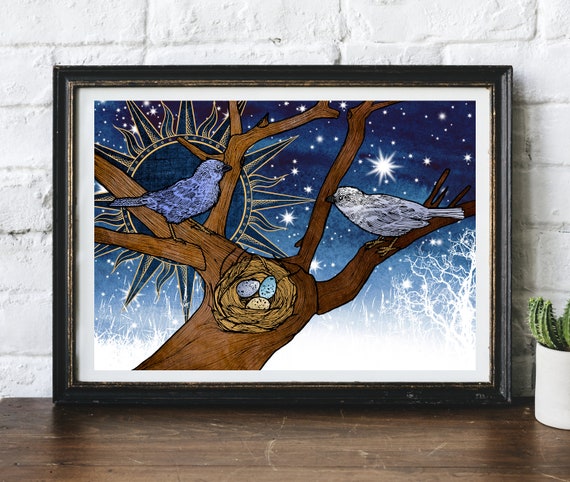 Sun In The Night Birds and Nest Love Family Parents Original Artwork Illustrated Giclee Print by Helen Temperley. A3 Or A4 Size.