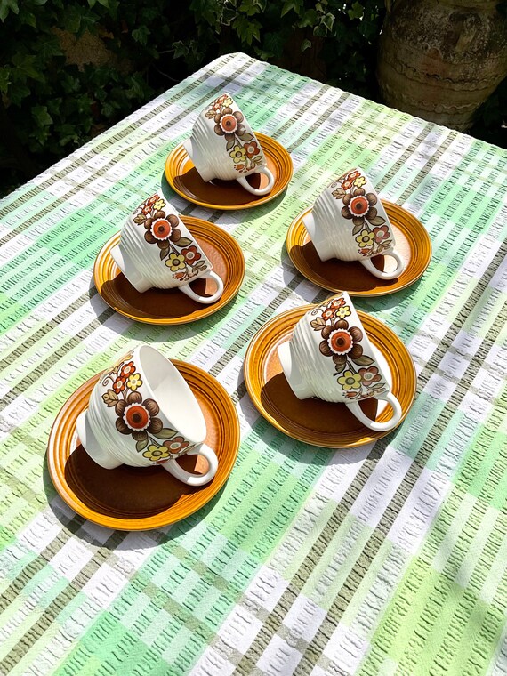 Myott Floral Cups and Tan Saucers. 1970s Vintage.