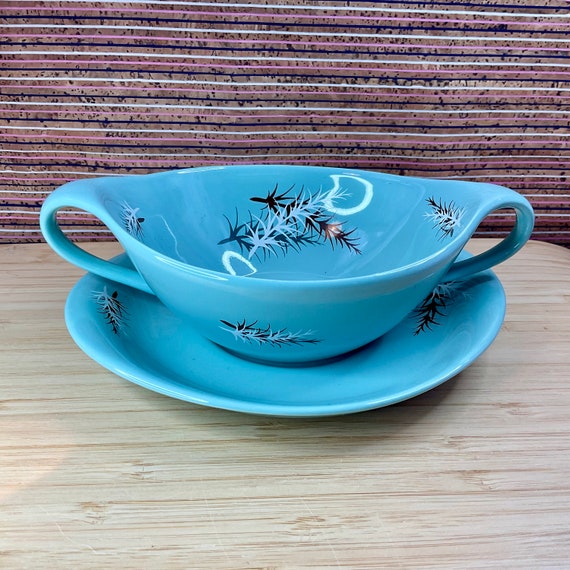 Vintage 1950s James Kent Old Foley ‘Oregon Pine’ Soup Bowl & Saucer Set In Duckegg Blue / Retro Tableware / 50s Home Decor Accessory