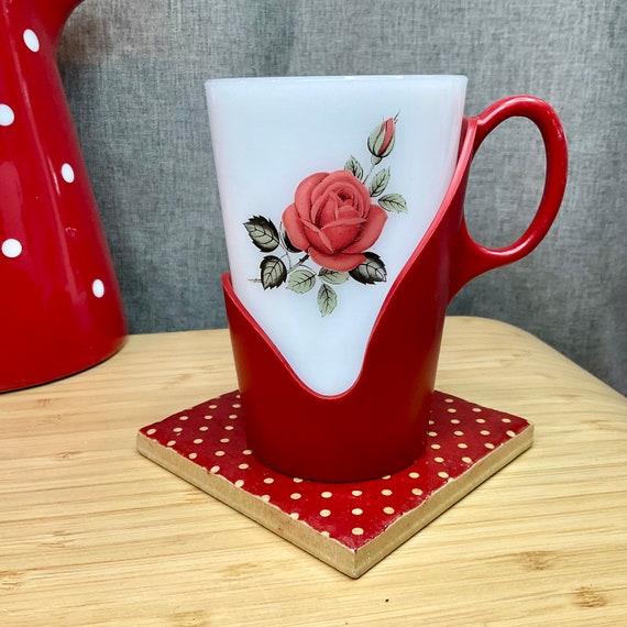 Phoenix Milk Glass Tumbler With Rose Pattern in Red Plastic Holder / For Hot Or Cold Beverages / Camping / Caravan / Picnic / Retro Mug