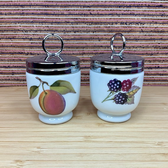 Pair of Royal Worcester ‘Evesham’ Small Egg Coddlers / Plums & Redcurrants / Retro Cookware and Kitchenware / Collectable / Gift /
