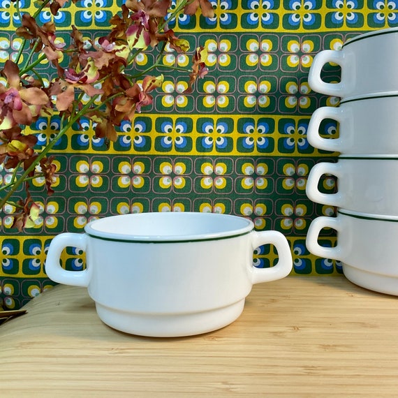 Vintage 1970s Arcopal ‘Restaurant’ White Stacking Soup Bowls With Green Trim / Retro Tableware / Hotelware / Cafe / Milk Glass