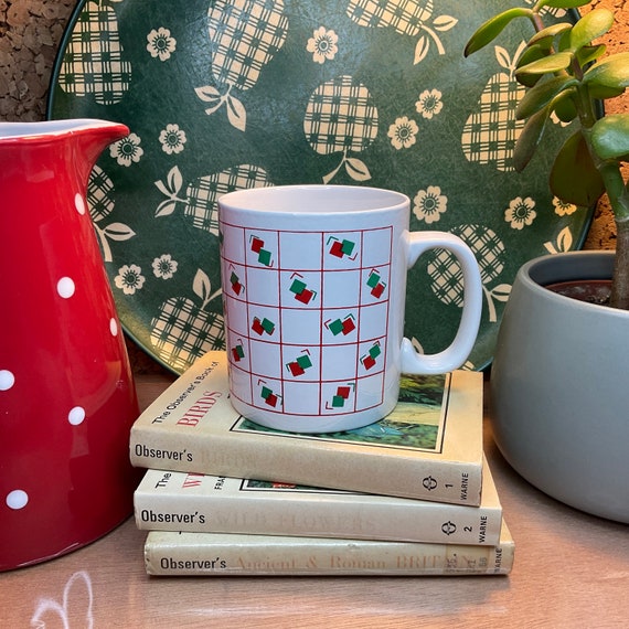 Vintage 1980s Kiln Craft Mug / Red and Green Geometric Pattern / 80s Home / Retro Kitchen / Pen Pot / Vintage Lover Gift / Tableware