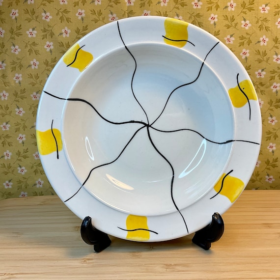 Vintage 1950s Hand Painted Yellow and Black Pattern Dessert Bowls / Mid Century Crockery / Retro Tableware / Small Dishes / 50s Kitchenware