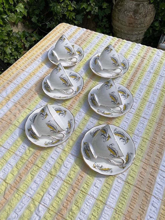 Crown Royal Yellow and Black Leaf Pattern Cups and Saucers. 1960s Vintage.