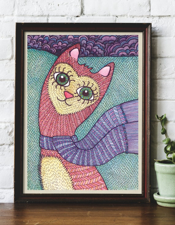 Happy Cat With Big Eyes Giclee Print / Wall Art / Original Art / Home Decor / A3 or A4 Size / Cat Lover Gift / Art Gift / Home Gift.