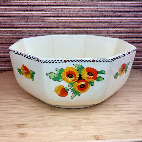 Crown Ducal Marigold Orange Floral Pattern Octagonal Fruit Serving Bowl / 1920s Vintage / Art Deco / Hand Painted / Home Decor Accessory