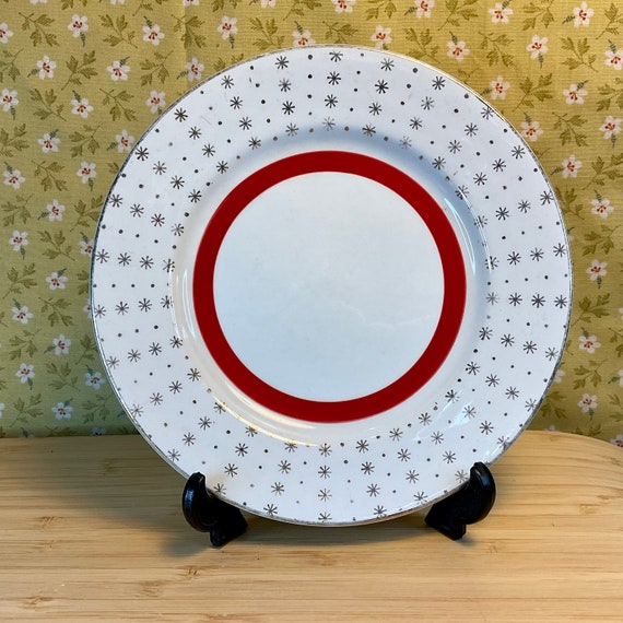 Vintage 1950s Broadhurst 22 KT Red & Gold Star Pattern Side / Tea Plates / Retro Tableware / 50s Atomic Crockery / Home Decor Accessory