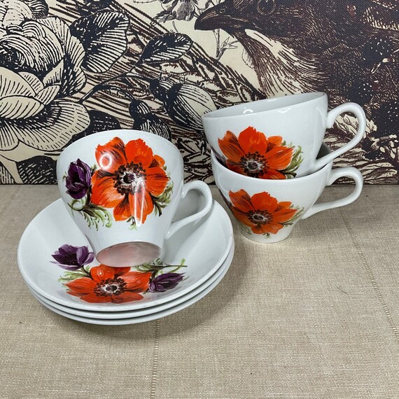 Barker Bros Royal Tudor Ware Floral Cup and Saucer Sets. 1960s Vintage.