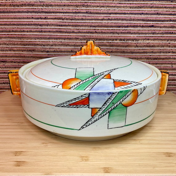 Samford Ware Art Deco Lidded Serving Dish / Tureen / Green and Orange Abstract / 1930s Home Decor Accessory / Vintage Tableware / Display