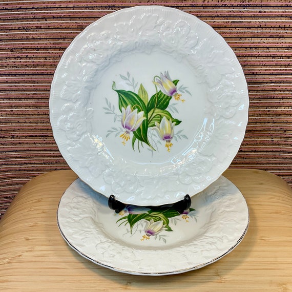 Pair of Vintage 1945-60 Alfred Meakin Dog’s Tooth Violet Embossed Floral Plates / Gold Trim / Mid Century Tableware / Collectable Decorative